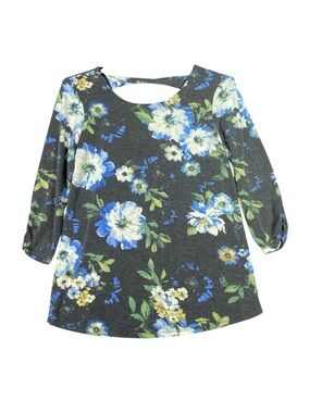 Alyx Floral Tunic Top Women's M Gray Ruched 3/4 Sleeves Scoop Style Cutout Back
